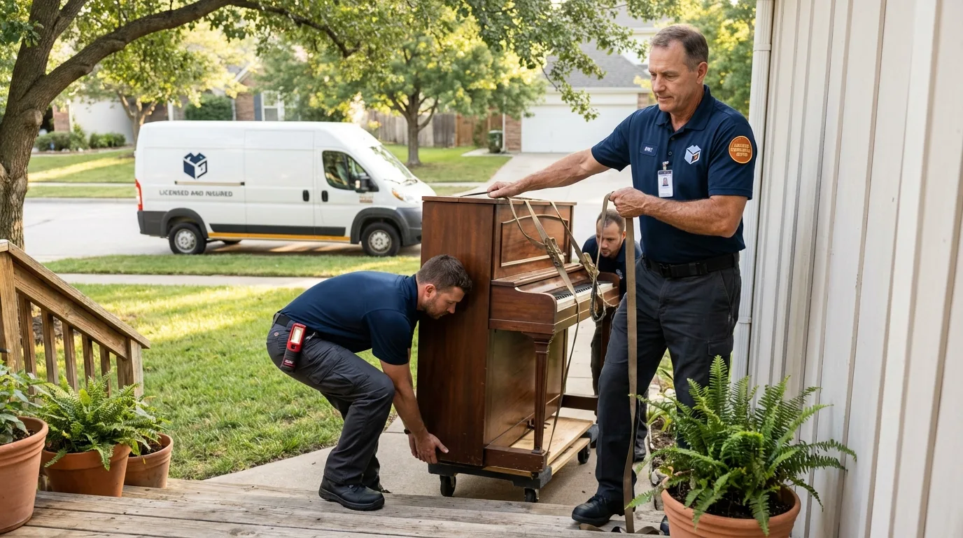 Licensed piano movers securing grand piano in Fort Payne, AL
