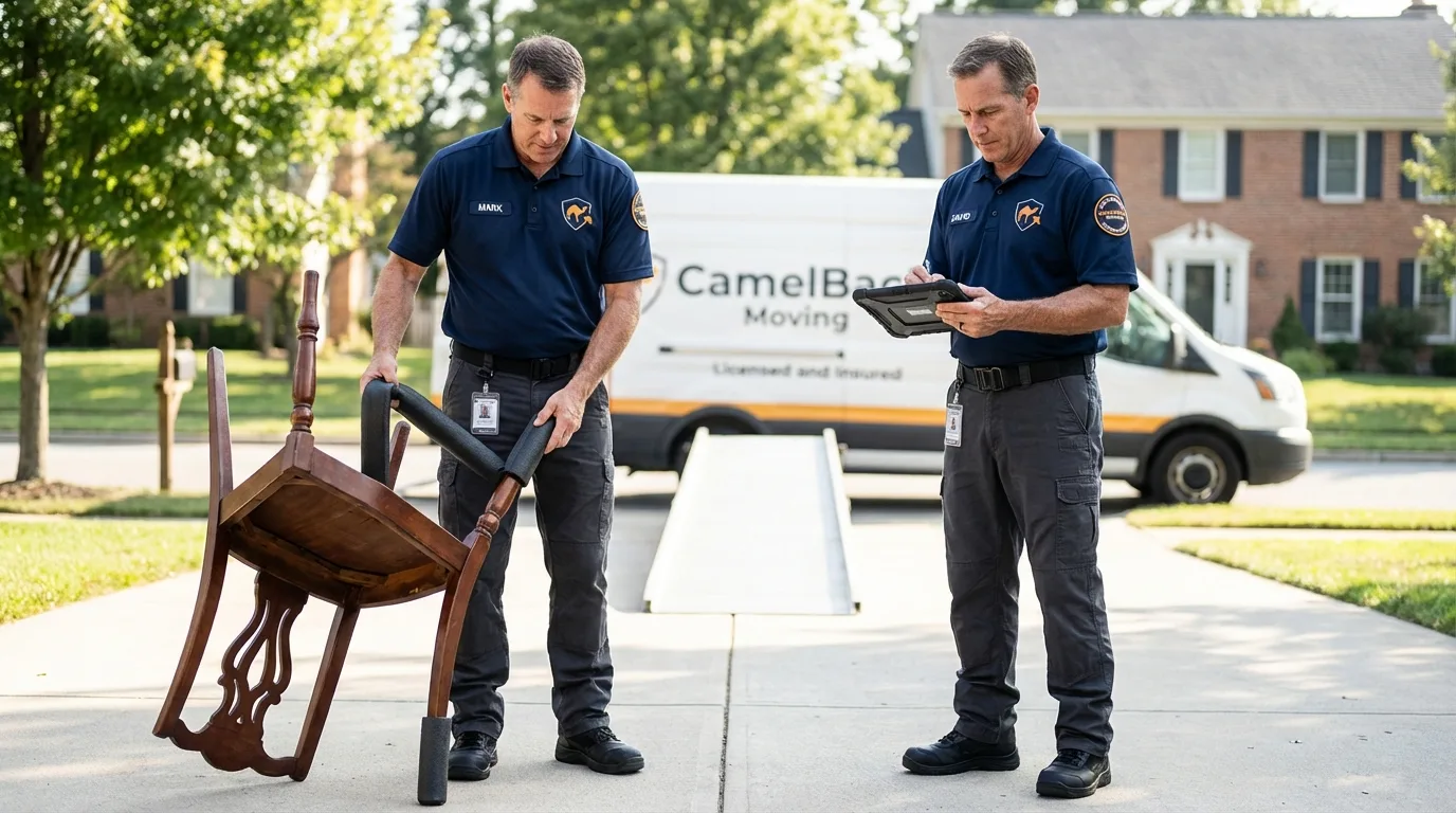 Movers inspecting furniture for damage prevention before loading in Fort Payne, AL