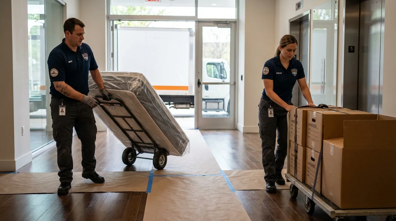 Professional apartment movers loading elevator in Fort Payne, AL